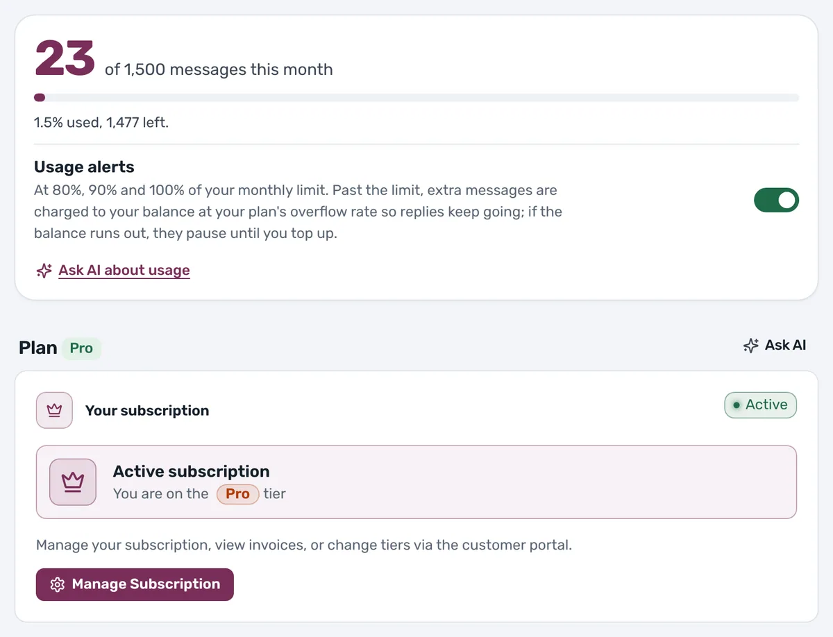 Settings usage card showing 23 of 1,500 monthly messages used, with usage alerts on, above the active Pro subscription.
