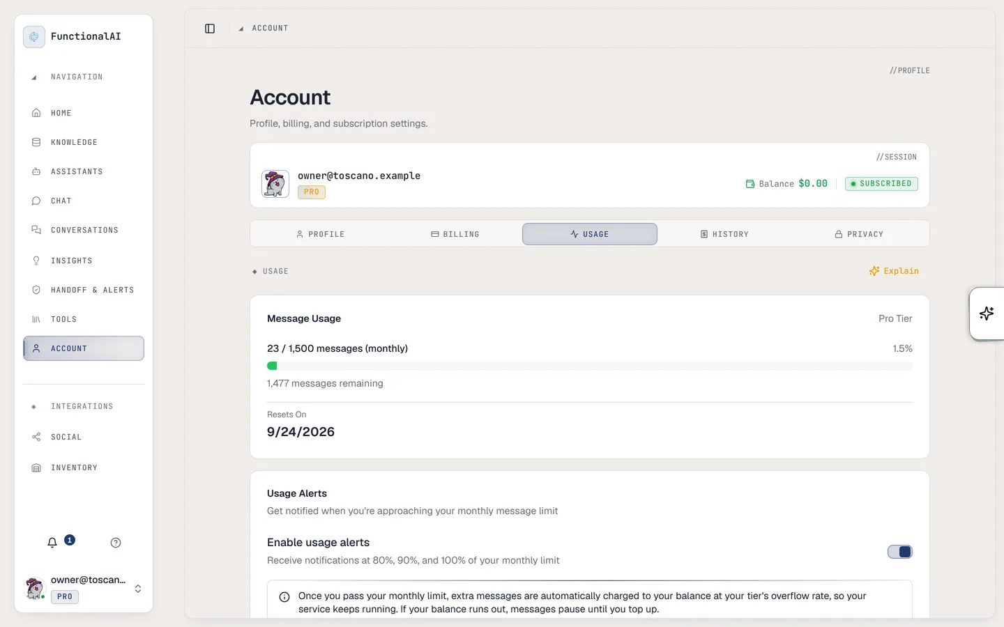 Account usage card showing 23 of 1,500 monthly messages used.