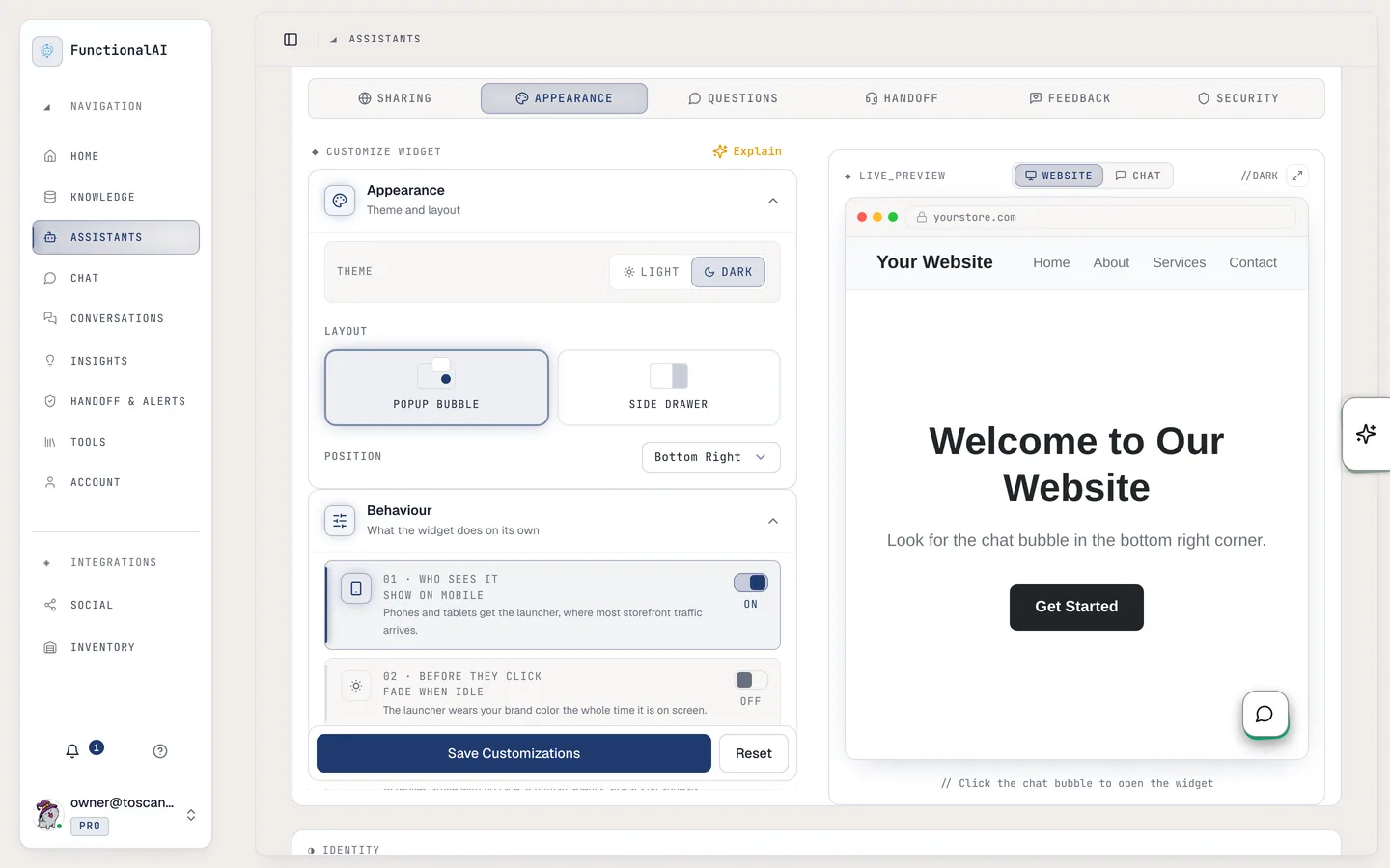 Appearance tab with the dark theme, the popup-bubble layout and the bottom-right position selected.
