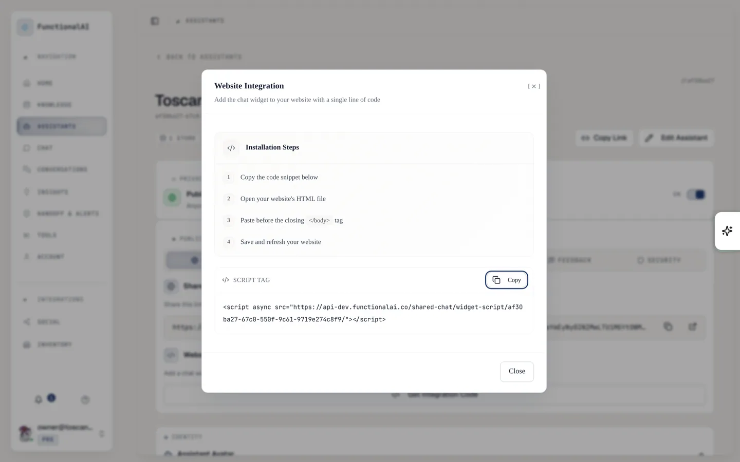 Website Integration dialog listing four installation steps above the widget script tag.