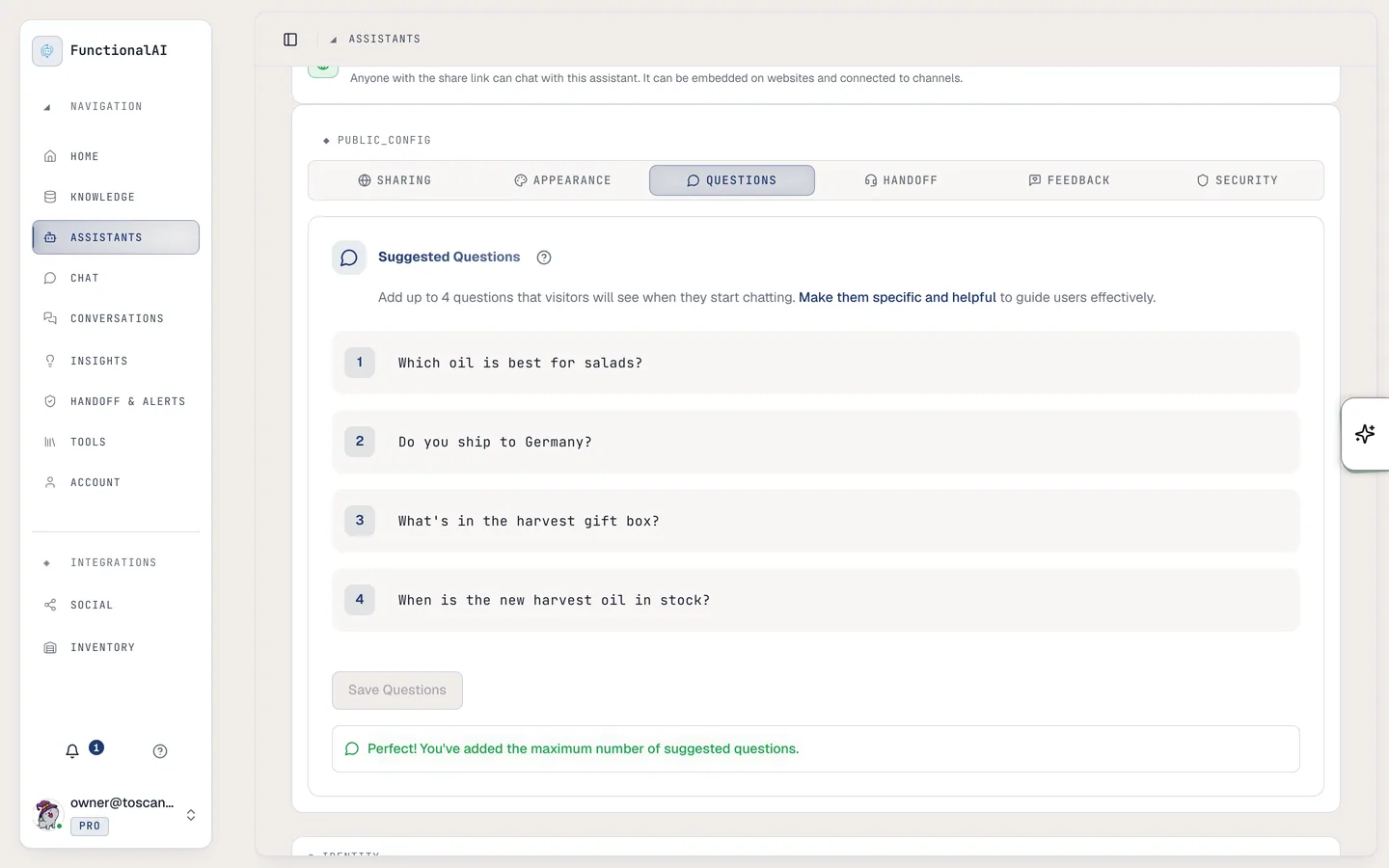 Suggested Questions tab with four questions configured and a confirmation that the maximum is reached.