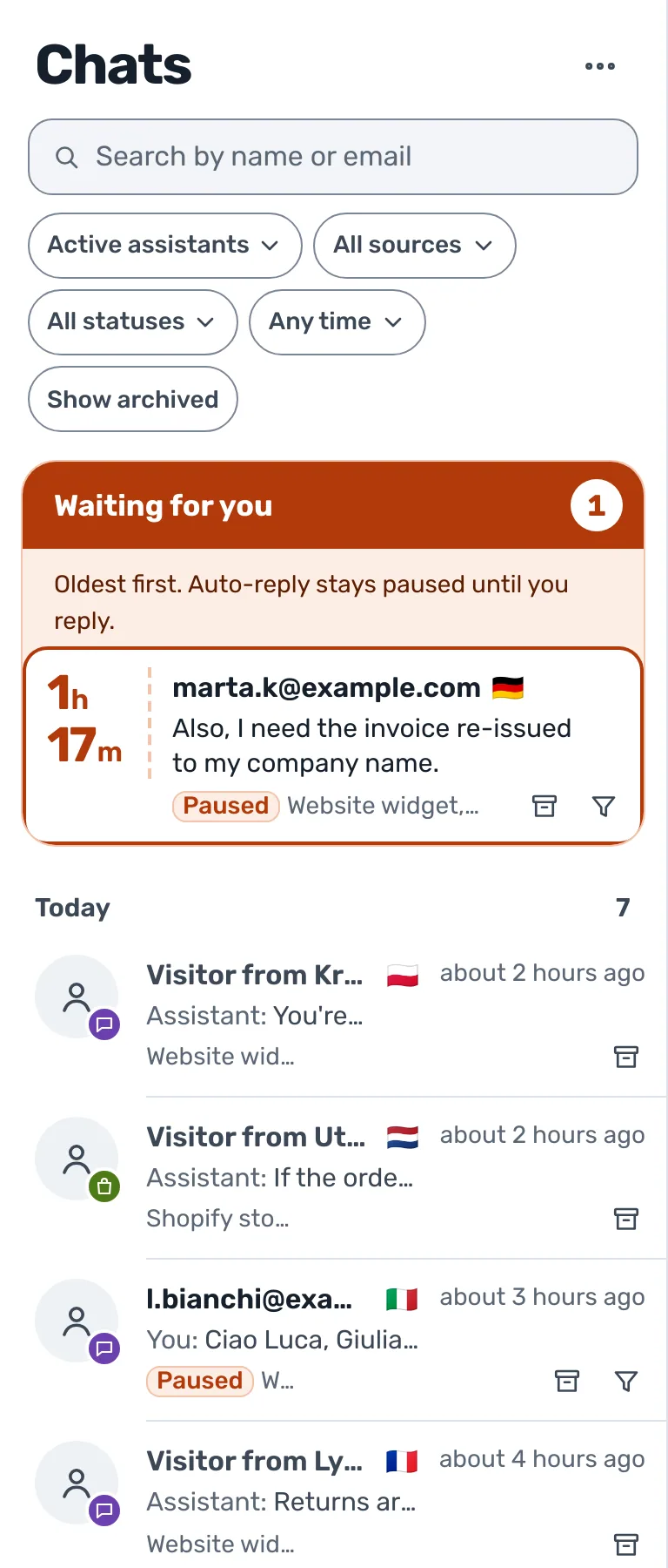 Chats list with a Waiting for you band above the newest conversations, two of them tagged Paused.