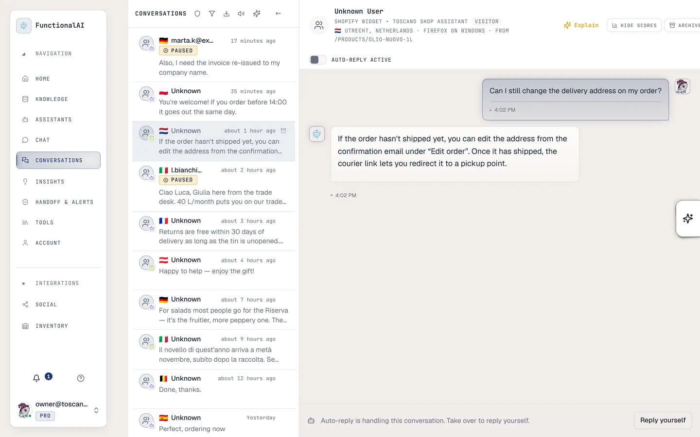 Conversations list with fourteen threads, two of them marked paused.