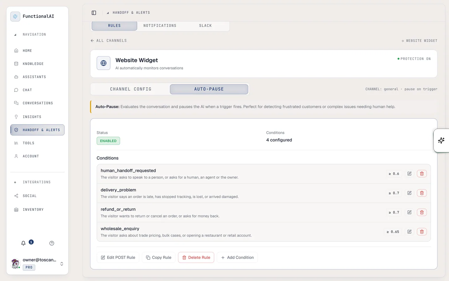 Handoff rules for the website widget: enabled, with four conditions listed.