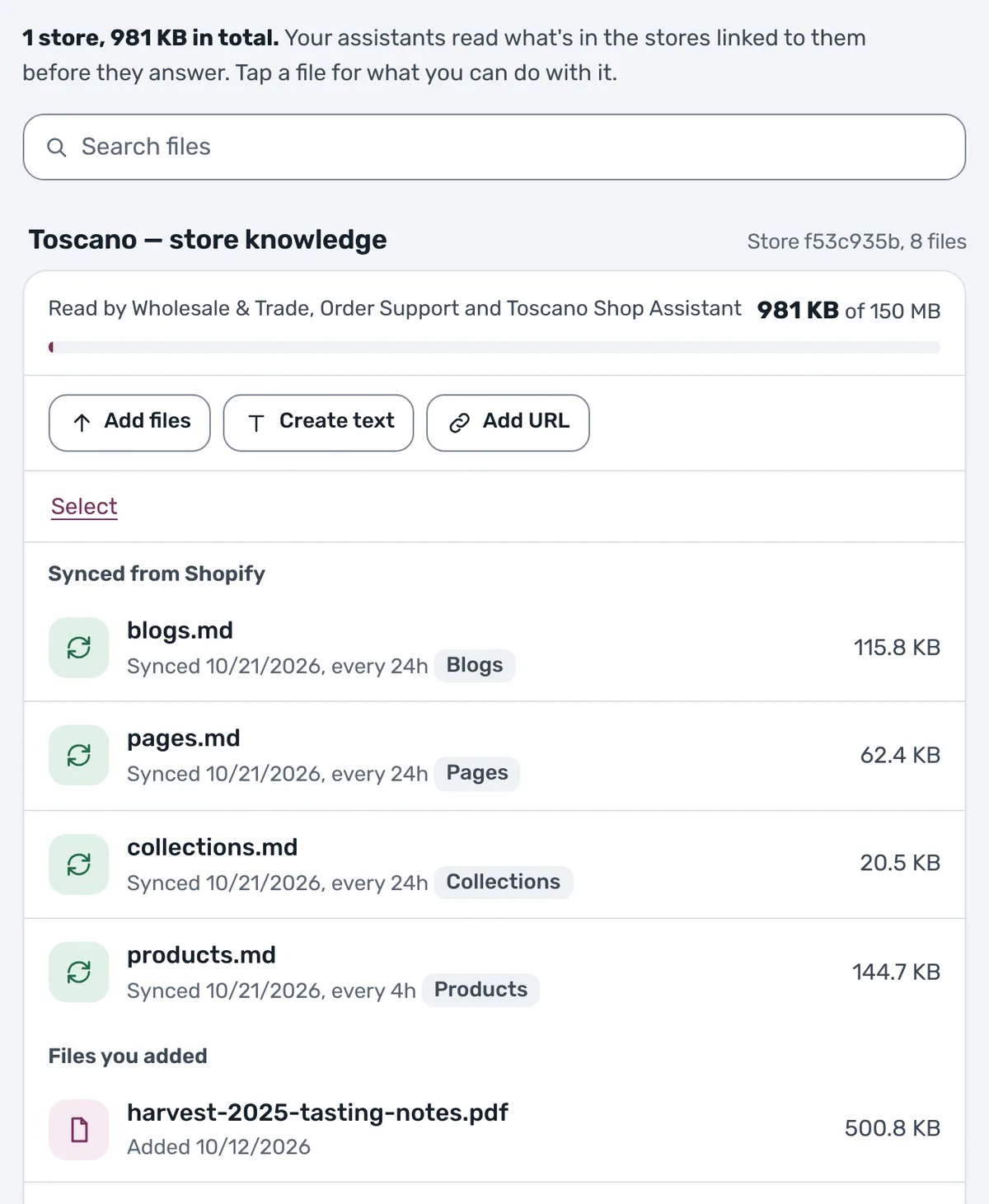 Files page listing four Shopify-synced documents above the first of the files the shop added, in the Toscano store.