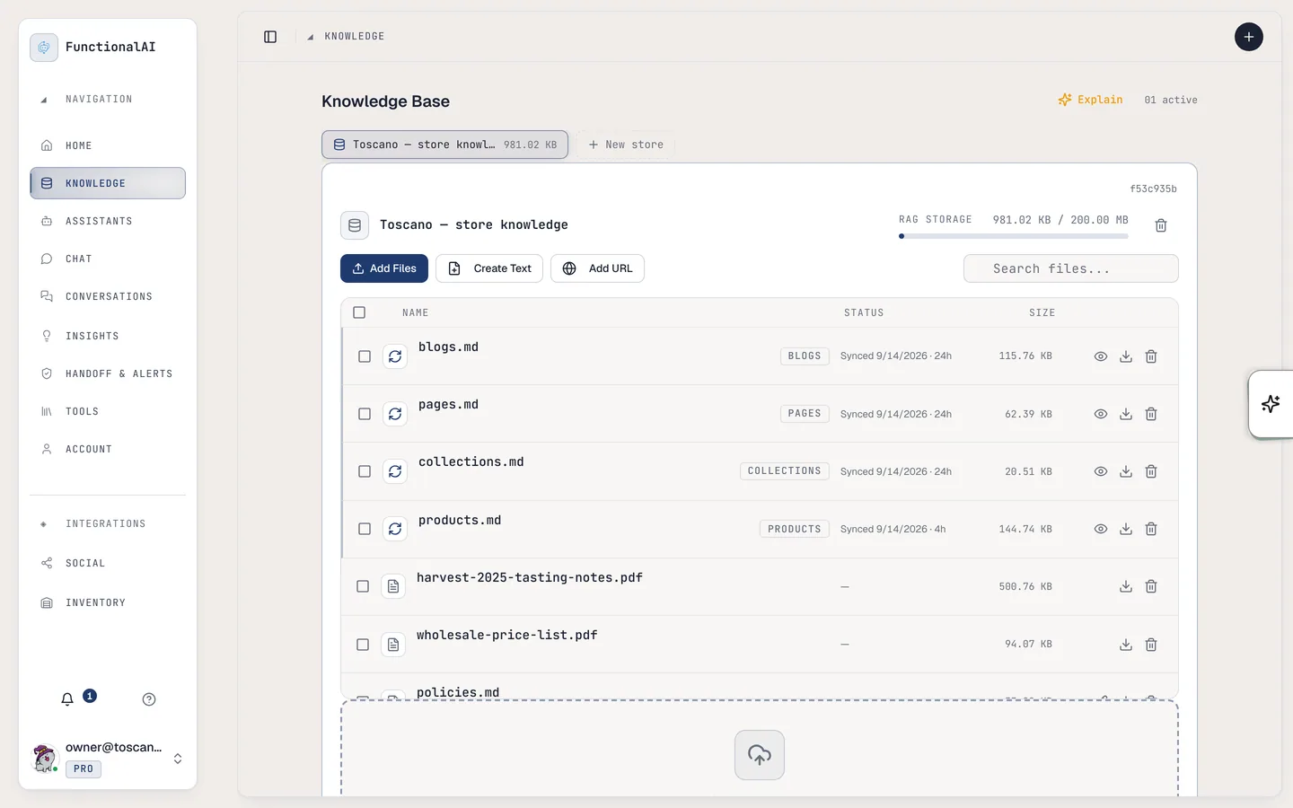 Knowledge Base page listing seven synced documents in the Toscano store.