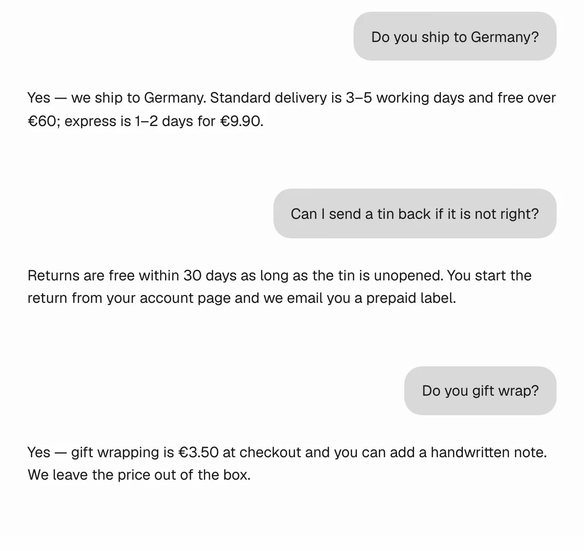 Chat widget showing three shopper questions answered about shipping, returns and gift wrapping.
