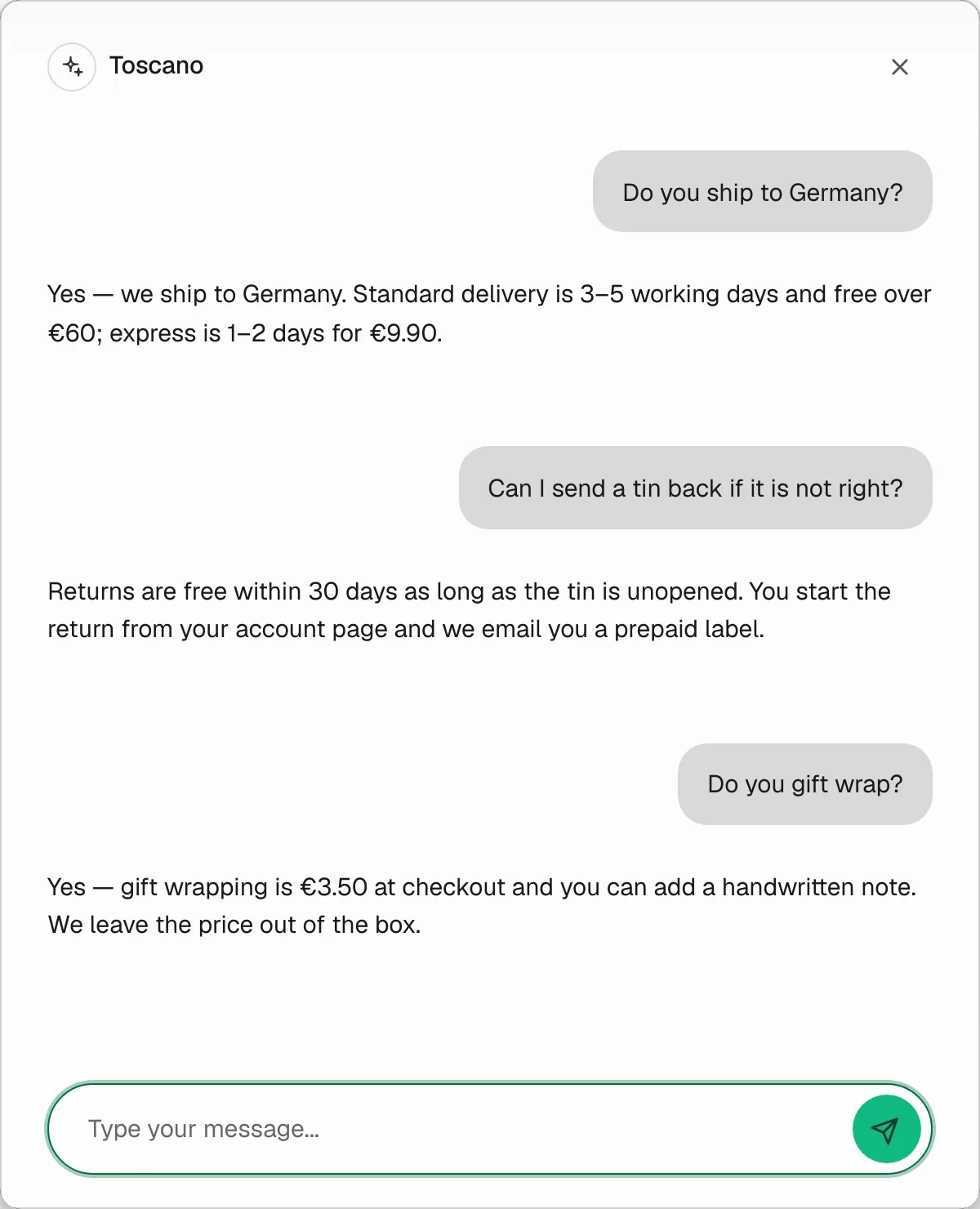 Chat widget showing three shopper questions answered about shipping, returns and gift wrapping.