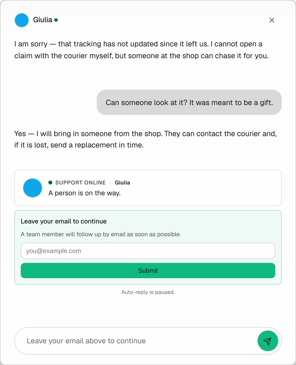 Chat widget after a handoff request: a support-online card, an email form and a paused composer.