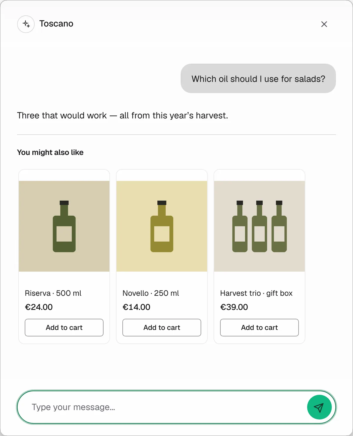 Chat widget answering a product question with a three-card product carousel.
