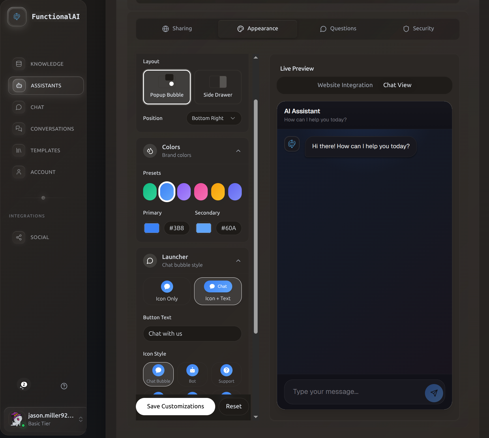 Widget appearance customization options
