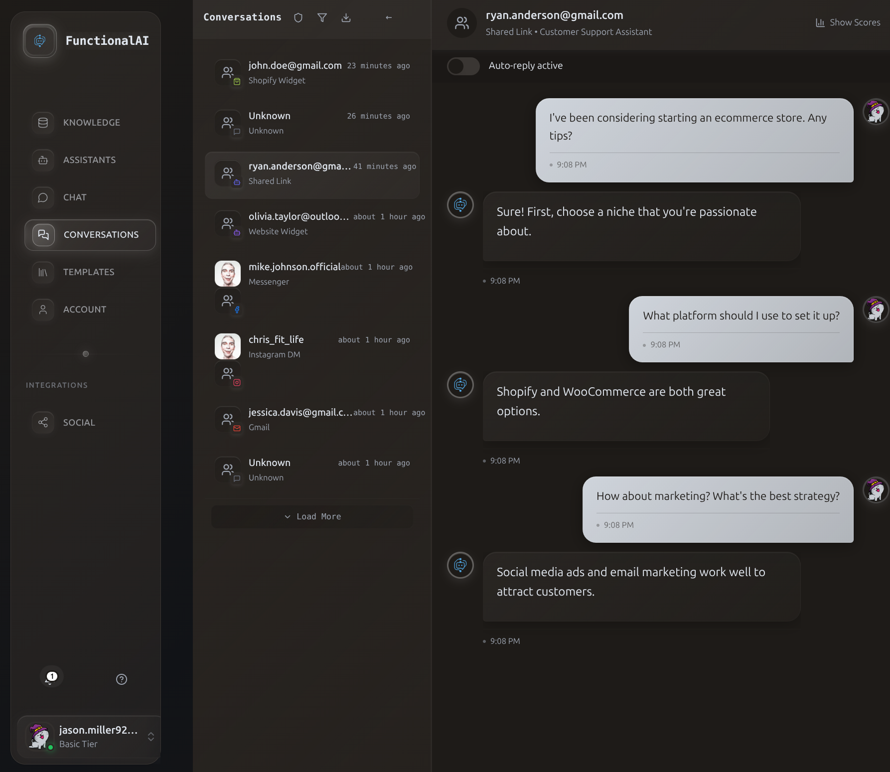 Unified inbox showing conversations from multiple channels