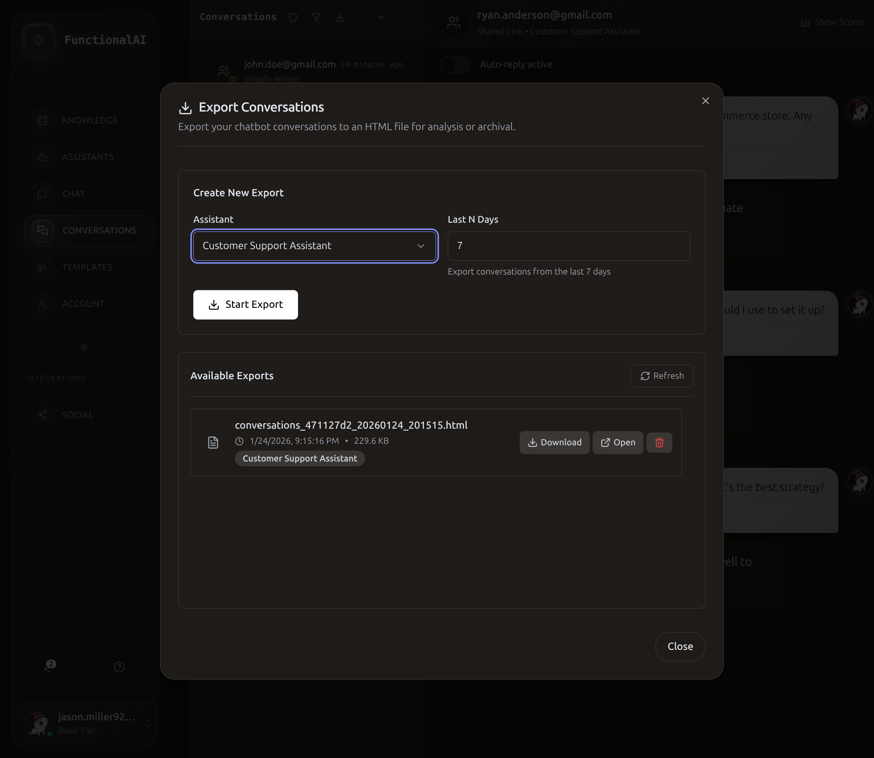 Export conversations modal