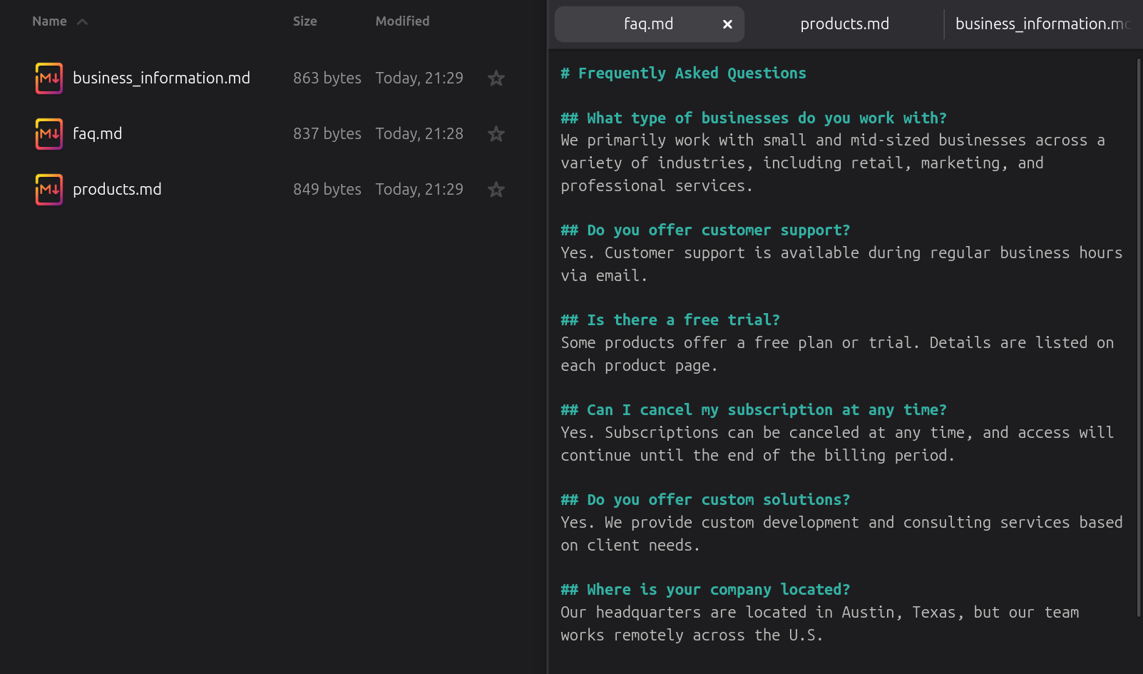 FAQ markdown format in knowledge store