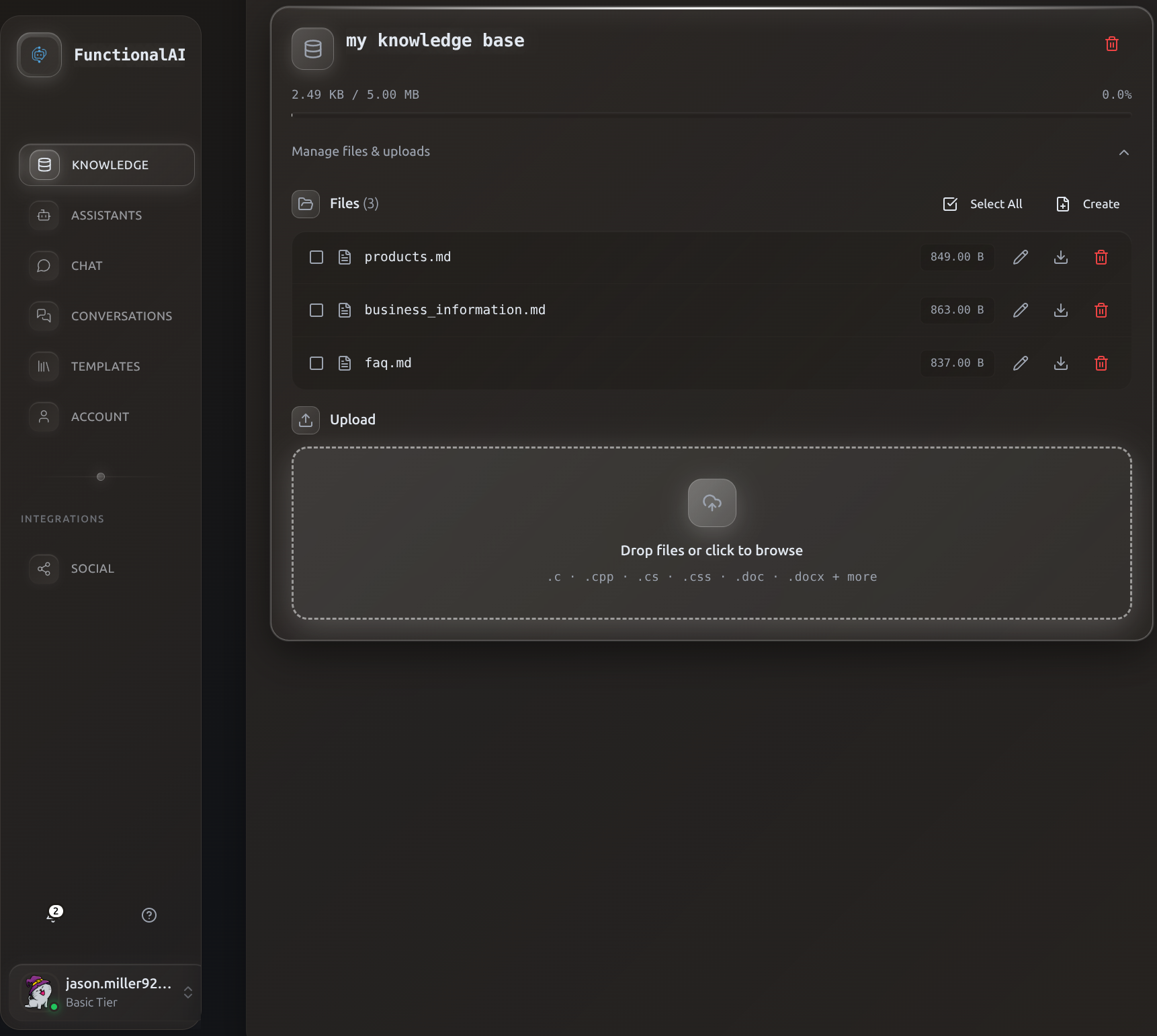 Knowledge store with uploaded files
