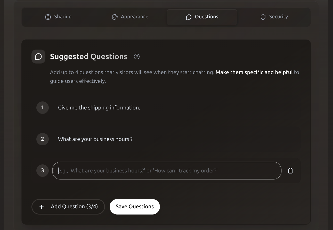 Suggested questions configuration
