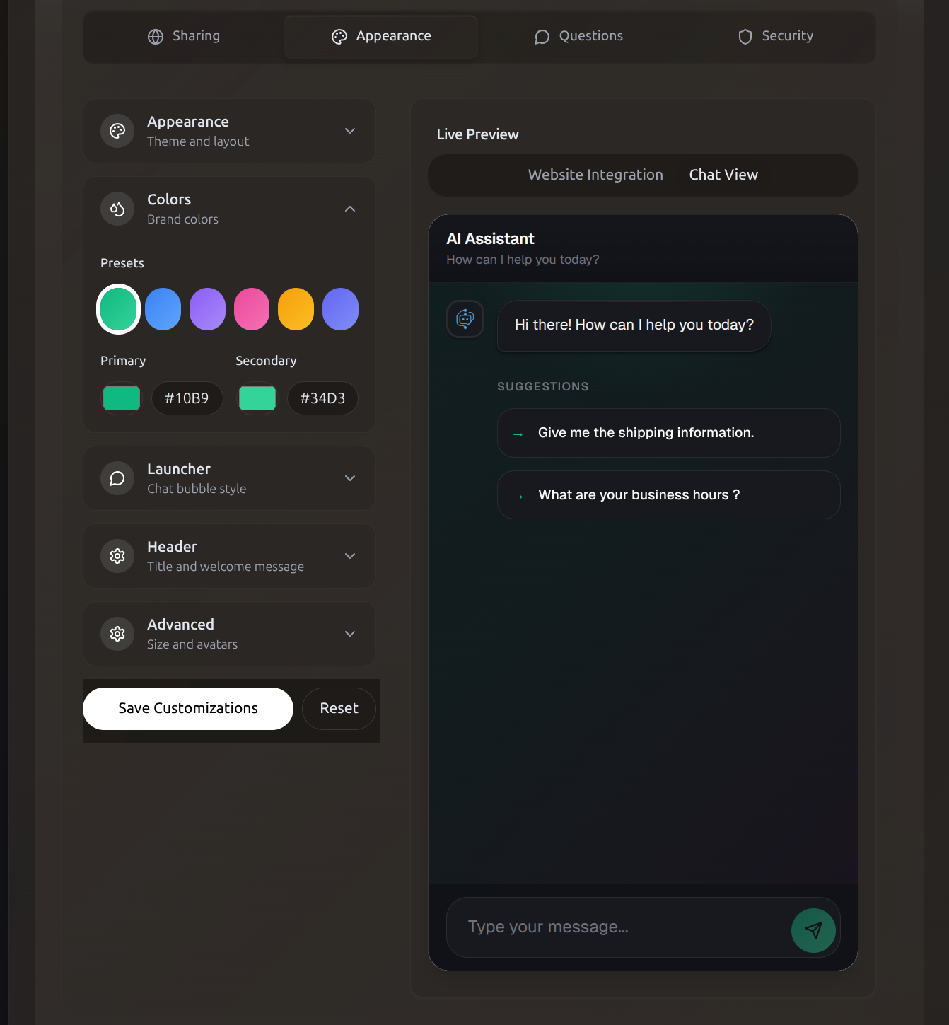 Widget with suggested questions and brand customization