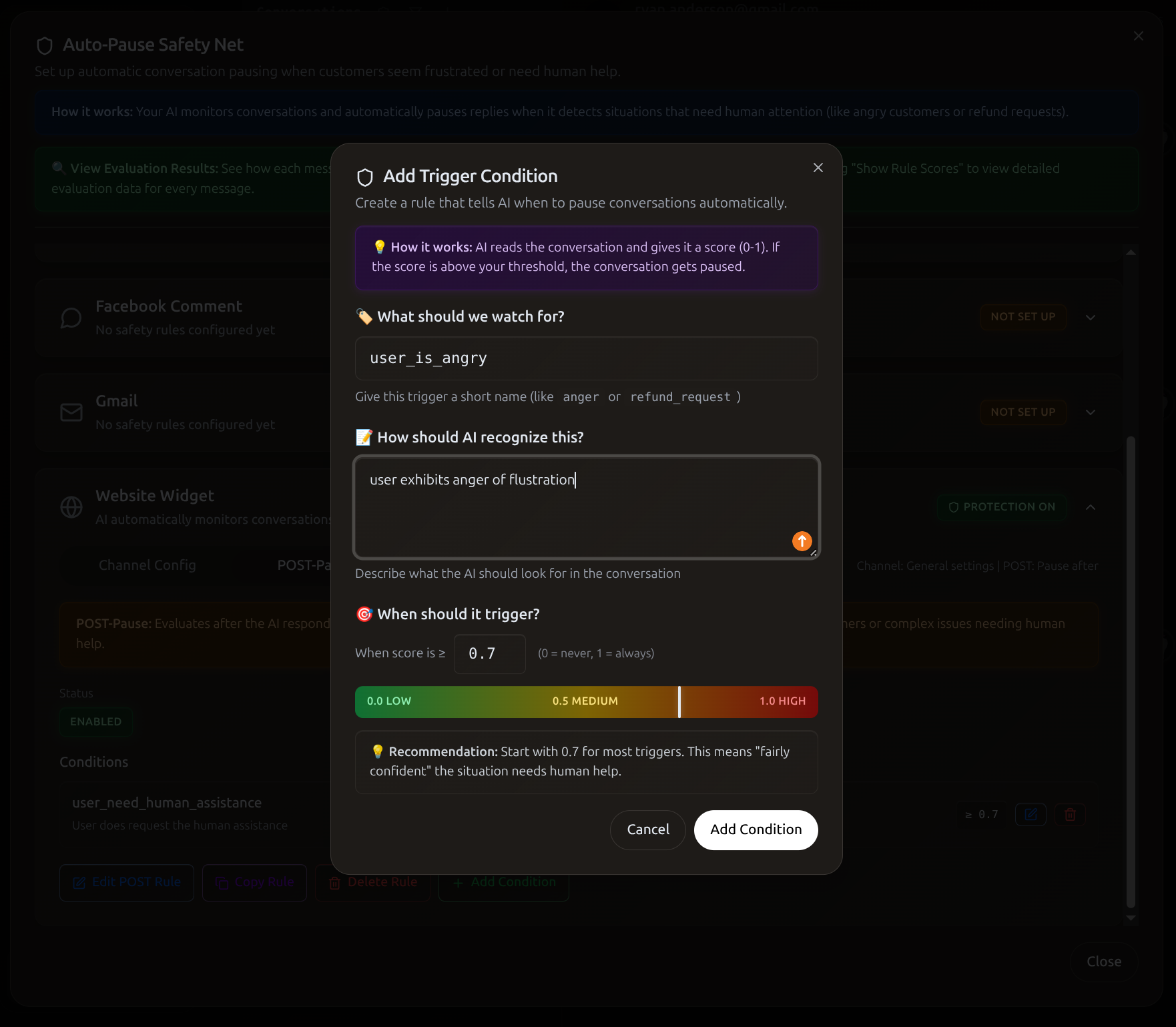 Trigger condition configuration for angry sentiment