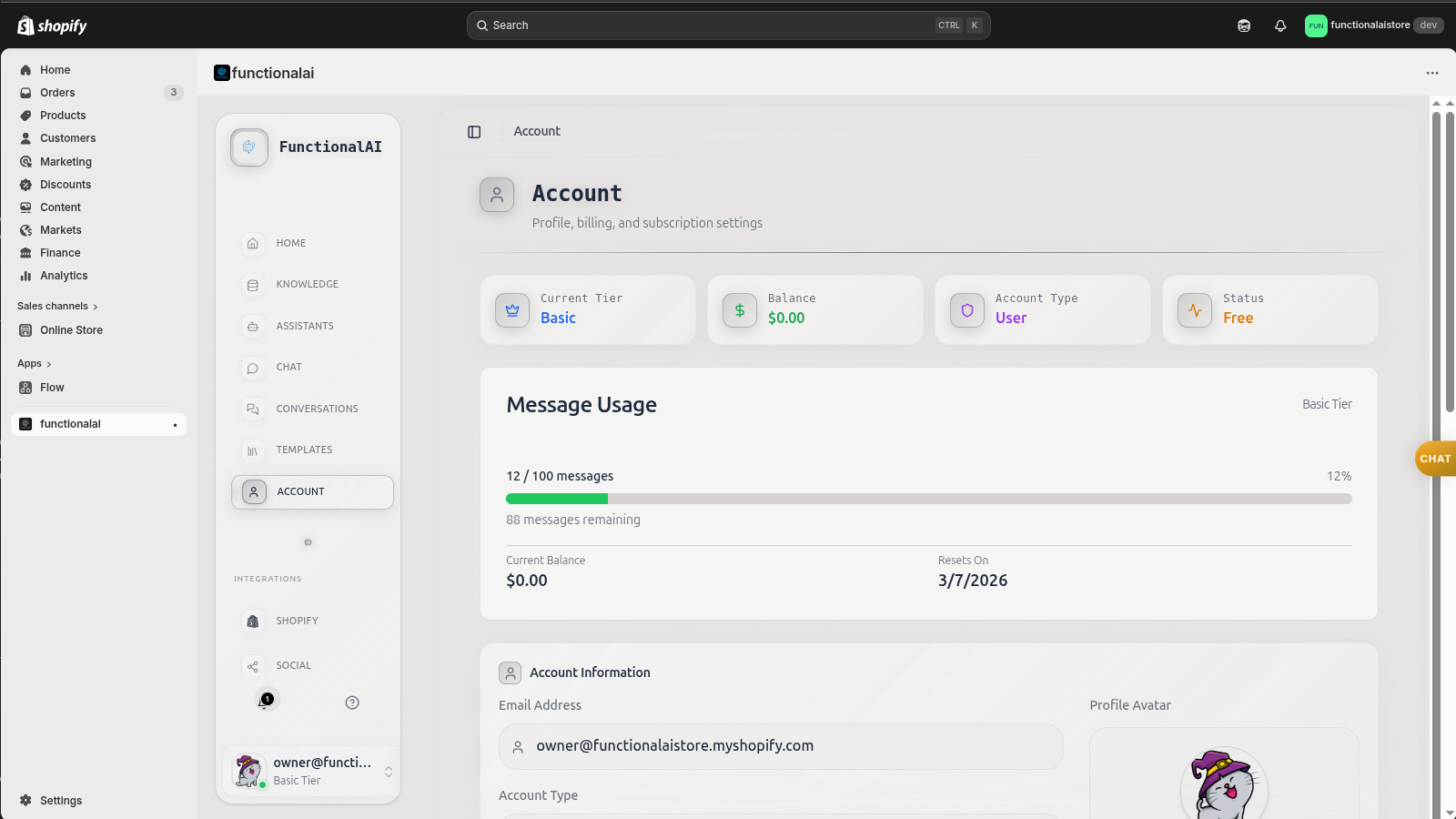 Account dashboard showing usage stats, tier information, and billing details