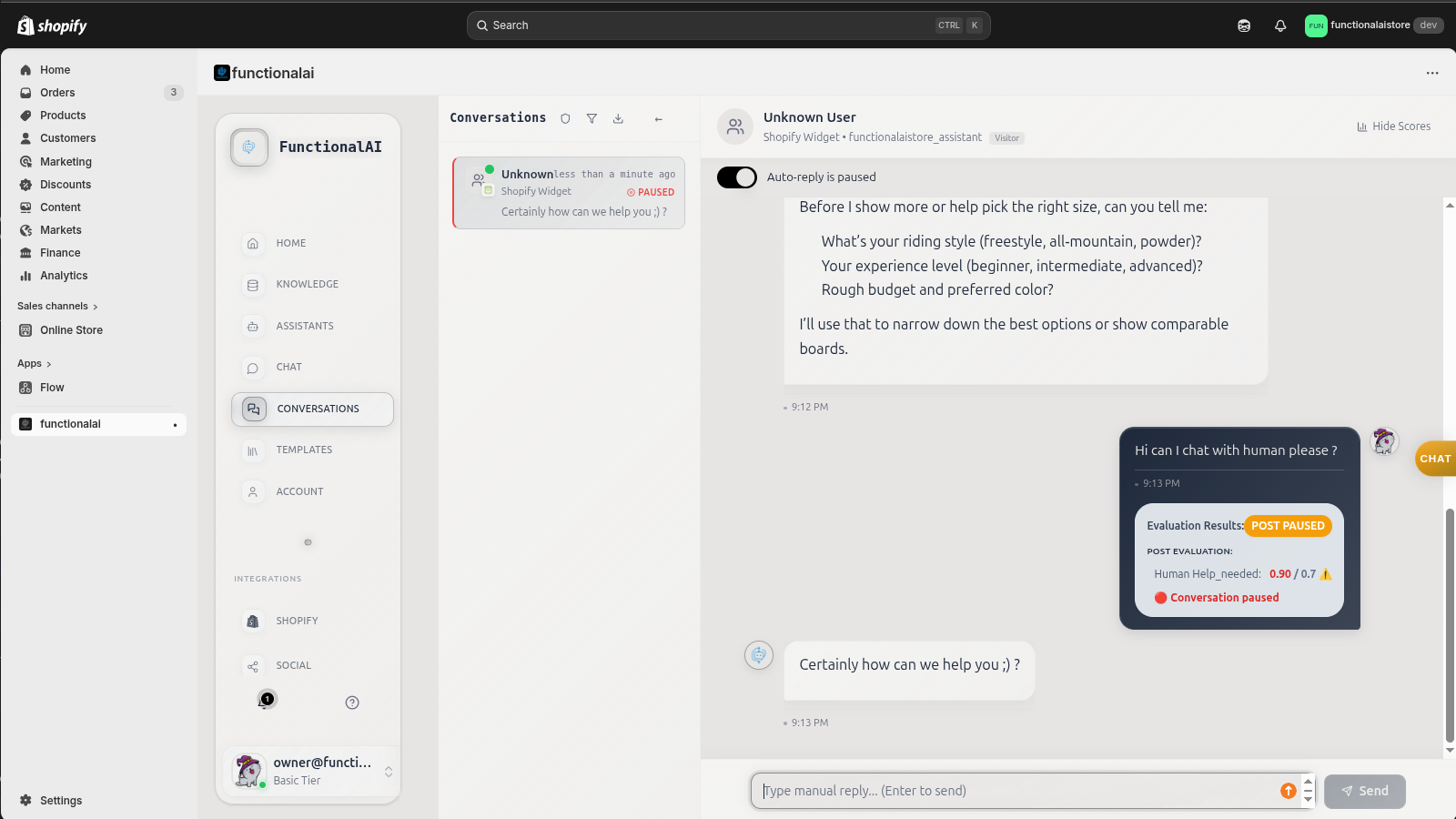 Conversation paused for human handoff with evaluation scores and agent takeover