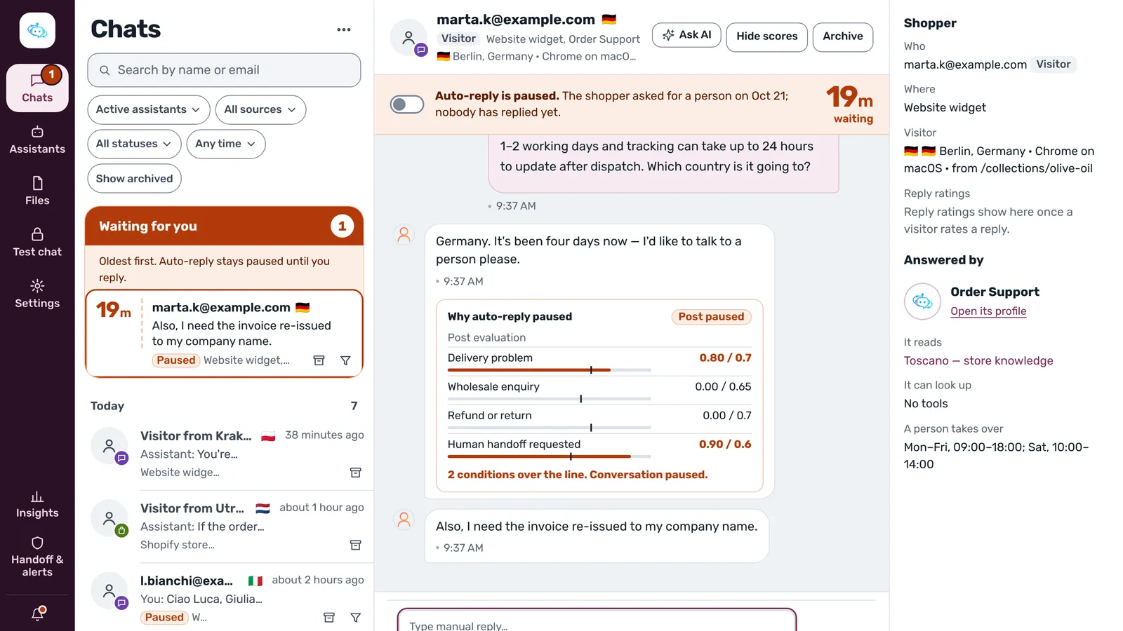 Functional AI dashboard showing a chat that auto-paused when the shopper asked for a person, with the evaluation scores that paused it