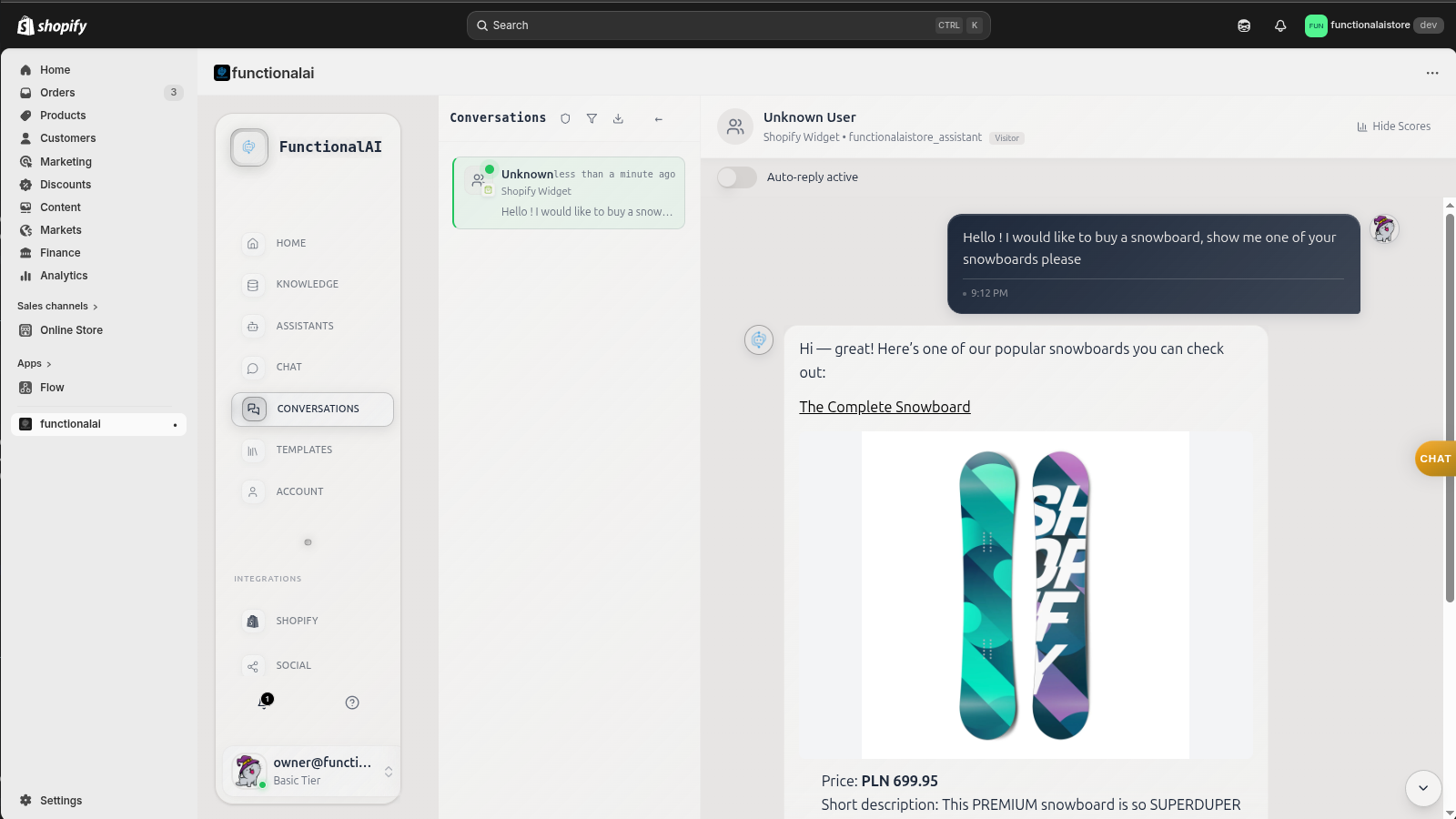 Conversations dashboard showing a customer asking about snowboards with product card responses