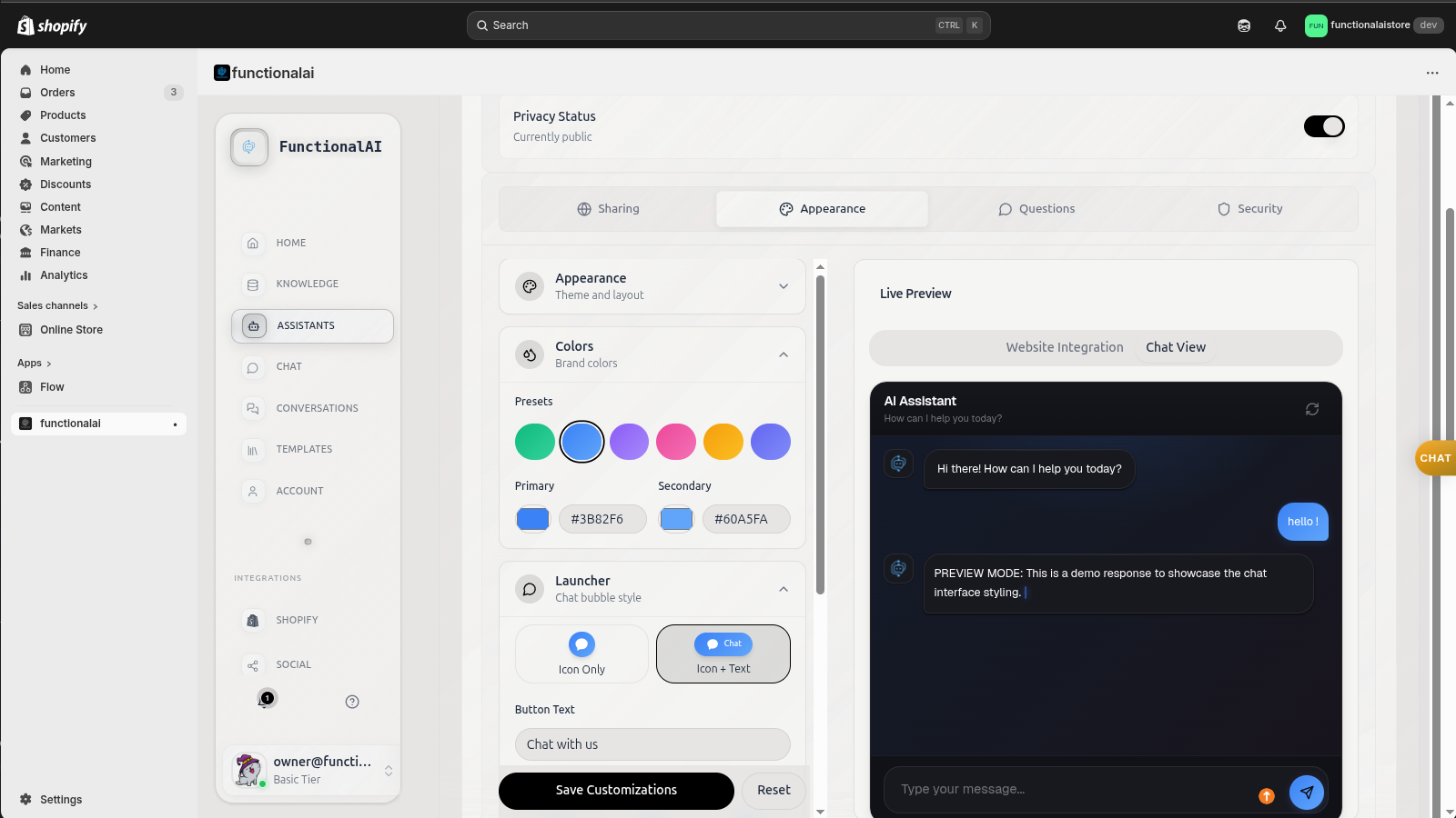 Widget customization panel with color picker, live preview, and brand matching options