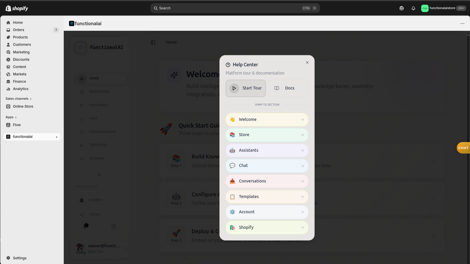 Help center with guided tour sections for every platform feature