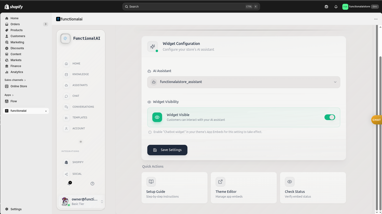 Widget configuration with assistant selection and quick action shortcuts