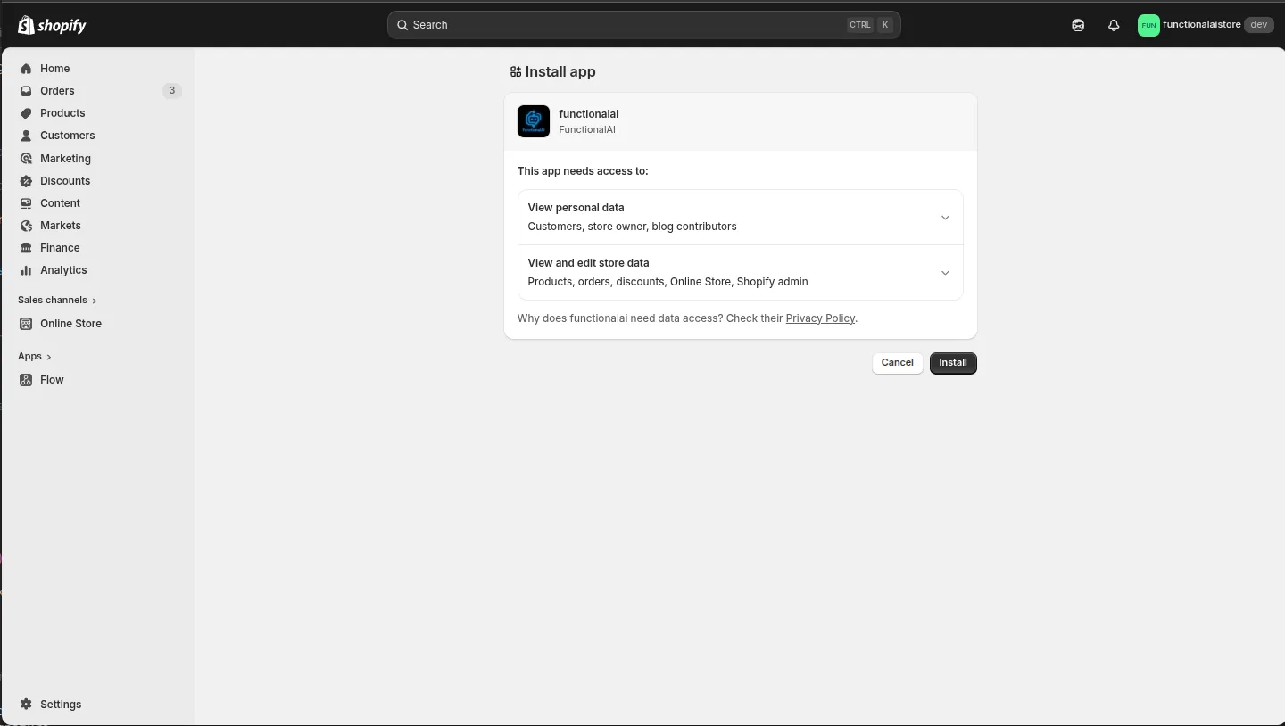 Shopify’s install screen for the Functional AI app, listing the store data it asks to access