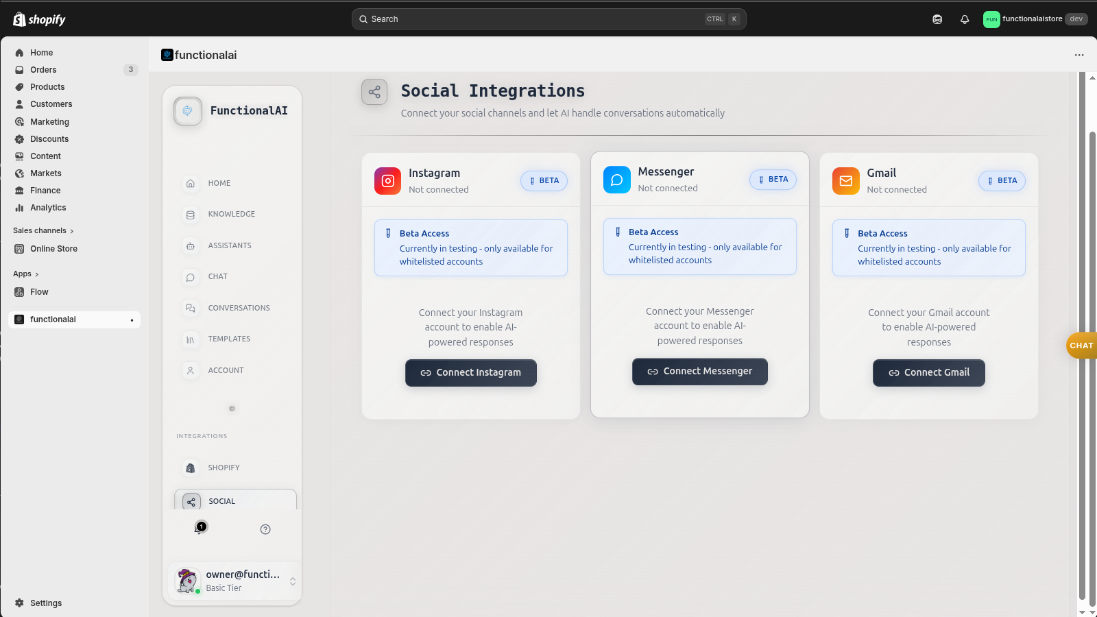 Social integrations panel showing Instagram, Messenger, and Gmail connections