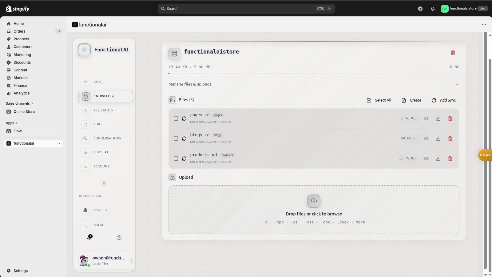 Knowledge store with uploaded product files and file management interface