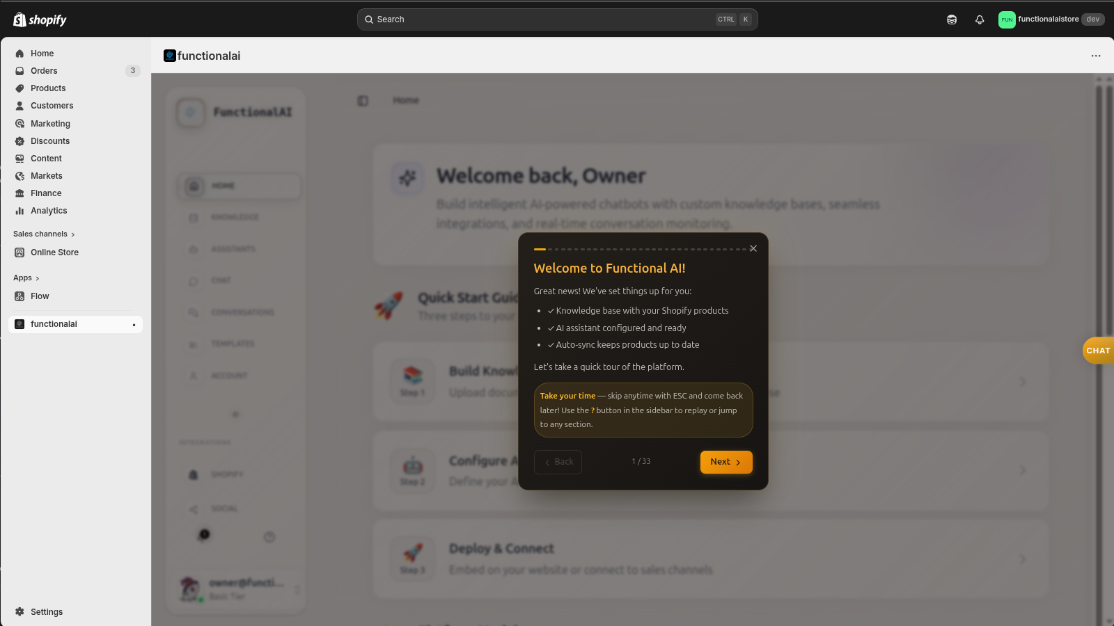 Welcome tour popup introducing platform features