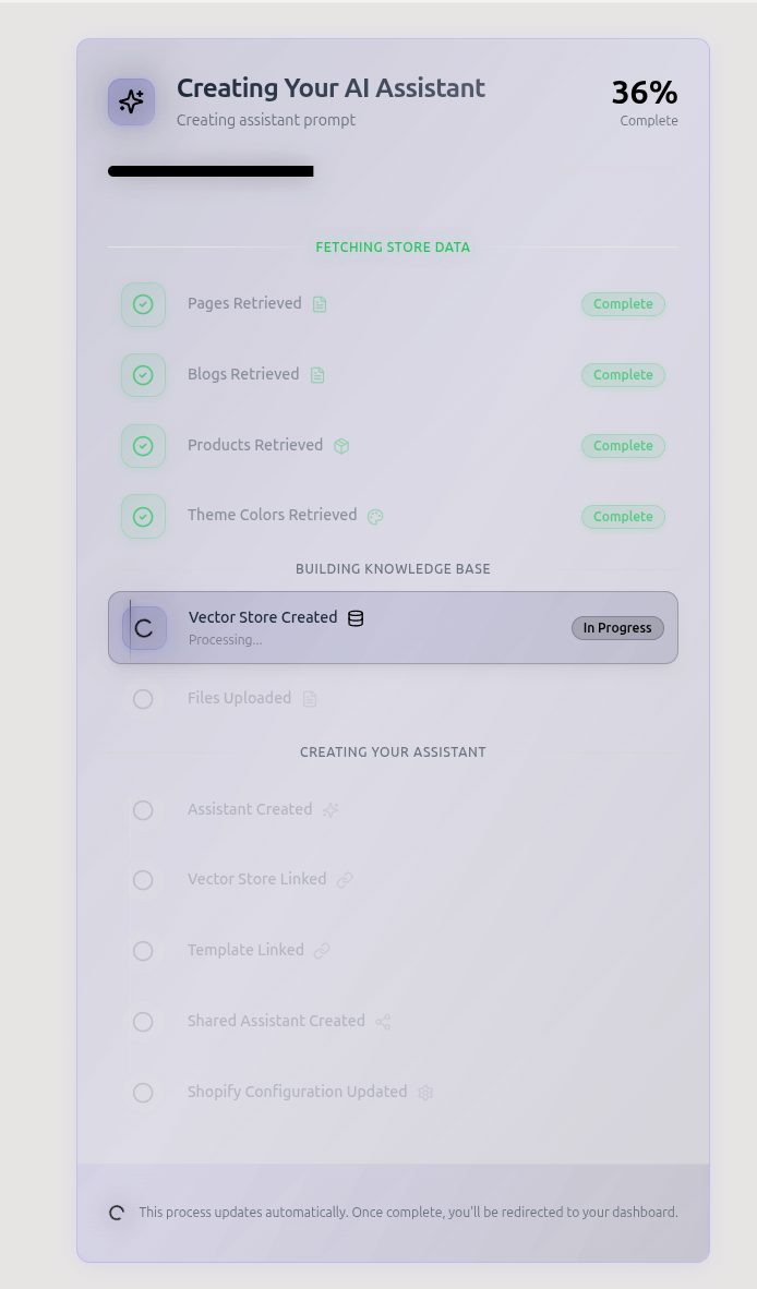 Setup wizard progress showing automated store data fetching, knowledge base creation, and assistant configuration